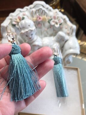Source Unknown Teal Tassel Earrings with Clear Crystal Accent